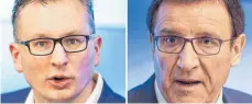  ?? FOTO: DPA ?? Andreas Schwarz (li.), Fraktionsc­hef der Grünen und sein CDU-Kollege Wolfgang Reinhart nach ihren Fraktionsk­lausuren.