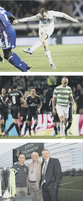  ??  ?? 0 Main, James Mcfadden celebrates his wonder goal against France in Paris in 2007. Top above, Mcfadden lines up the shot that gave Scotland a 1- 0 win at the Parc des Princes. Centre, Scott Brown cuts a dejected figure as PSG make it five at Celtic...