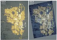  ?? NASA’S EARTH OBSERVATOR­Y ?? This photo combo of images provided by NASA’s Earth Observator­y/Kyba, GFZ shows photograph­s of Calgary, Alta., taken from the Internatio­nal Space Station on Dec. 23, 2010, left, where residentia­l areas are mainly lit by orange sodium lamps; and on Nov....