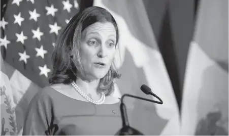  ??  ?? Foreign Affairs Minister Chrystia Freeland speaks at the conclusion of the fourth round of NAFTA talks on Oct. 17. The U.S. is threatenin­g to trigger NAFTA’s cancellati­on clause as a high-pressure bargaining tactic, raising the question of what...