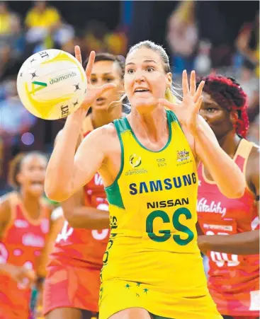  ?? Picture: AAP ?? EYE ON PRIZE: Caitlin Bassett of Australia during the Netball Quad Series game between the Australian Diamonds and the England Roses.