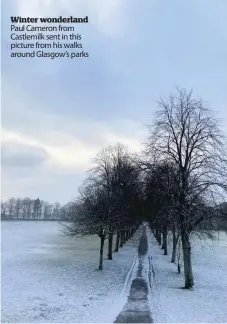  ??  ?? Winter wonderland Paul Cameron from Castlemilk sent in this picture from his walks around Glasgow’s parks