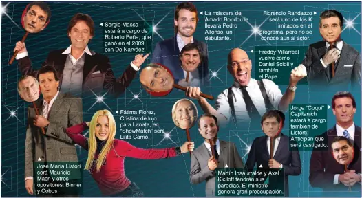  ??  ?? José María Listori será Mauricio Macri y otros opositores: Binner y Cobos. Sergio Massa estará a cargo de Roberto Peña, que ganó en el 2009 con De Narváez. Fátima Florez, Cristina de lujo para Lanata, en “ShowMatch” será Lilita Carrió. La máscara de...