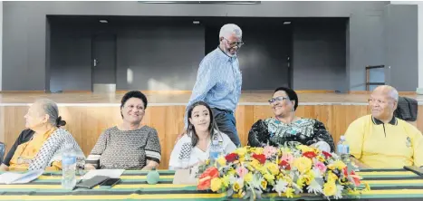  ?? ?? Guest speaker and anti-apartheid activist Mavuso Msimang gestures during the 130-year anniversar­y of the Natal Indian Congess (NIC) at the Sastri College in Durban yesterday. Seated from left are: activist Ela Gandhi (organiser), ANC’S Maggie Govender, Fasiha Hassan (ANCYL), ANC’S Thoko Didiza and ANC stalwart Jeff Radebe.
Photo: Rajesh Jantilal