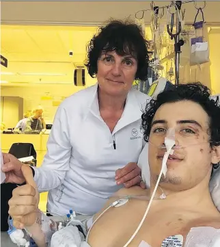 ?? CRAIG MCMORRIS/INSTAGRAM/THE CANADIAN PRESS ?? Olympian Mark McMorris is recovering in a Vancouver hospital with mother Cindy by his side after suffering severe injuries in a snowboardi­ng crash near Whistler, B.C.