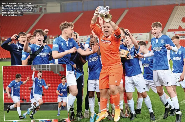  ?? Pictures: Malcolm Hart ?? Leek Town celebrate winning the Sentinel Cup after their 3-1 victory over Newcastle Town at the bet365 Stadium. Inset, Leek’s Lucas Fraser celebrates scoring his second goal.