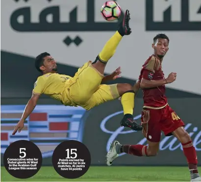  ?? — KT photo ?? 5 Consecutiv­e wins for Dubai giants Al Wasl in the Arabian Gulf League this season 15 Points earned by Al Wasl so far in six matches. Al Jazira have 14 points Al Wasl’s Waheed Ismael goes for the ball during the match against Al Wahda in the Arabian Gulf League.
