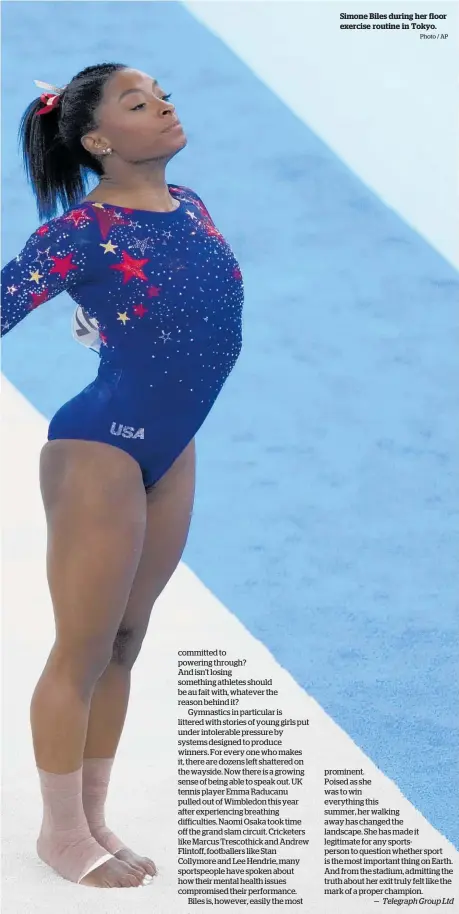  ?? Photo / AP ?? Simone Biles during her floor exercise routine in Tokyo.