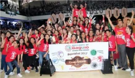  ?? Photo by Milo Brioso ?? CHAMPIONS – The University of Baguio Science High School Red Lannister’s brought home the trophy for the cheering competitio­n held at UB Cardinals gym.