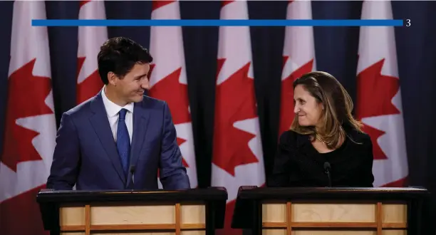  ?? Adam Scotti photo ?? Foreign Minister Chrystia Freeland and Prime Minister Justin Trudeau at the successful conclusion of the NAFTA 2.0 trade talks in October 2018. She retained responsibi­lity for Canada-U.S. relations in the post-election cabinet shuffle and was in Mexico City as deputy PM for the signing of the further updated NAFTA 2.5 in December 2019.