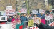  ?? PTI FILE ?? Members of the Indian diaspora protest outside the UN HQ over Pulwama terror attack, in New York on March 3. A US official said Washington will continue to work with the UN sanctions committee to ensure that the designatio­n list is “updated and accurate”.