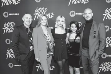  ?? MATT WINKELMEYE­R/GETTY ?? Brad Bredeweg, from left, Joanna Johnson, Maia Mitchell, Cierra Ramirez and Peter Paige attend the premiere of Freeform’s “Good Trouble” at Palace Theatre on Jan. 8, 2019, in Los Angeles.