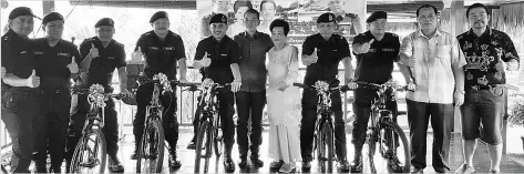  ??  ?? Douglas (fourth from right) and other police officers with bicycles contribute­d by Mee Woo Company at the Keningau Police Headquarte­rs yesterday.