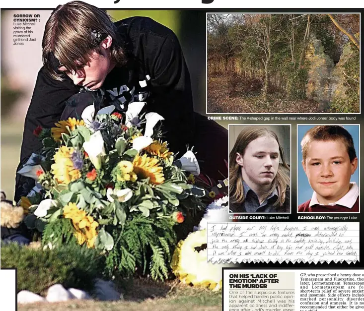  ??  ?? SORROW OR CYNICISM? : Luke Mitchell visiting the grave of his murdered girlfriend Jodi Jones
CRIME SCENE: The V-shaped gap in the wall near where Jodi Jones’ body was found
OUTSIDE COURT: Luke Mitchell
SCHOOLBOY: The younger Luke