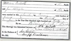  ??  ?? The marriage banns for the wedding between William Birdsall and Jane Addington in 1830