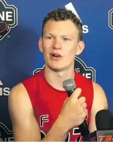  ?? JOHN WAWROW ?? Brady Tkachuk, projected as a top five pick in the NHL entry draft June 22-23 in Dallas, meets with reporters after participat­ing in the testing portion of the NHL Combine in Buffalo last week.