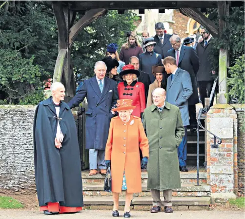  ??  ?? The Queen leads the Royal family out of St Mary Magdalene Church on the Sandringha­m Estate after attending the Christmas Day service. Left, Meghan Markle and the Duchess of Cambridge curtsy. Far right, the pair lit up the assemblage with their choices...