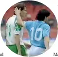  ??  ?? Wynton Rufer, left, gets a pat on the head from Diego Maradona after a Uefa Cup match between Rufer’s Werder Bremen and Maradona’s Napoli in 1989.