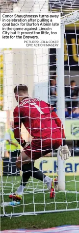  ?? PICTURES: LEILA COKER EPIC ACTION IMAGERY ?? Conor Shaughness­y turns away in celebratio­n after pulling a goal back for Burton Albion late in the game against Lincoln City but it proved too little, too late for the Brewers.