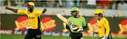  ?? Photo by M.Sajjad ?? Peshawar Zalmi players celebrate Lahore Qalandars’ wicket. —