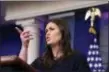  ?? SUSAN WALSH - THE AP ?? White House press secretary Sarah Huckabee Sanders speaks during the daily briefing at the White House in Washington, Friday, April 13, 2018. Sanders was asked about Syria, former FBI Director James Comey, and other topics.