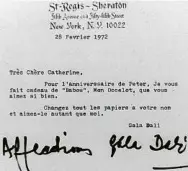  ?? CATHERINE MOORE. ?? Carta signada per Gala, dona de Dalí, per la qual lliura a Catherine Moore l’ocelot Babou com a regal, el 1972