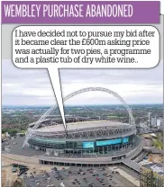  ??  ?? I have decided not to pursue my bid after it became clear the £600m asking price was actually for two pies, a programme and a plastic tub of dry white wine..