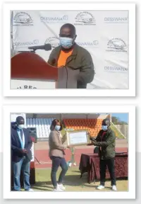  ??  ?? 1. BRFA Chairperso­n Philemon Bunu bidding Motlbani farewell on behalf of the regional associatio­n
2. BFA regions and competitio­ns manager Setete Phutego was among the speakers at the event
3. Motlhabani appreciati­ng a gesture from BRFA 4. Motlhabani and his wife posing with a token of appreciati­on from BRFA