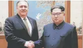  ?? U. S. GOVERNMENT/ AFP/ GETTY IMAGES ?? In this photo from a trip in early April, Mike Pompeo shakes hands with North Korean leader Kim Jong Un in Pyongyang.