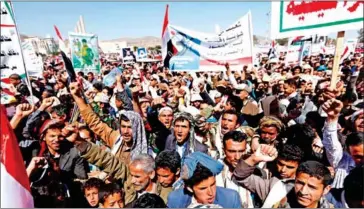  ?? MOHAMMED HUWAIS/AFP ?? Supporters of Yemen’s Huthi rebels attend a rally to mark three years of war on the country, in the capital Sanaa, on Monday.