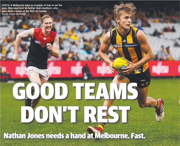  ?? Picture: JULIAN SMITH/AAP ?? XYXYX: If Melbourne need an example of how to set the pace, they need look no further than Hawthorn, who gave them a lesson at the MCG on Sunday.