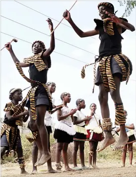  ??  ?? Children perform a traditiona­l dance during the Africa Day commemorat­ions and Nqobani Masuku Foundation Disability Awareness Campaign at White City Stadium in Bulawayo yesterday. Picture by Eliah Saushoma