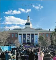  ?? JERRY JACKSON/BALTIMORE SUN ?? A military flyover above the State House at the inaugurati­on of Gov. Wes Moore. Moore has proposed legislatio­n to reduce the income tax for military pensioners.