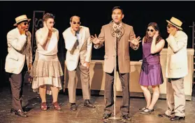  ?? David Wilson ?? Wilson Mizner (Rudy Guerrero) pushes another get-rich-quick scheme in Theatre Rhinoceros’ Bay Area premiere of Stephen Sondheim’s “Road Show.”