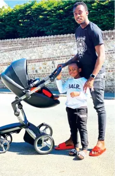  ??  ?? WHAT A CHANGE . . . This picture combo (from left) shows Tino Kadewere, when he arrived in Sweden in August 2015, parading his new Lyon jersey and with his kid in France where he was one of the star players in Ligue 2 last season, winning the Golden Boot