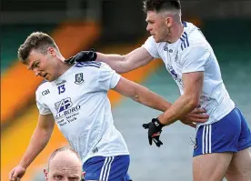  ??  ?? HAT’LL DO IT: Conor McCarthy scores his third goal (main) and celebrates (above); Monaghan manager David McCague (left), and Paddy McBrearty of Donegal (below)