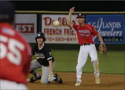  ?? OWEN MCCUE — MEDIANEWS GROUP ?? Norchester’s Ryan Sayers and Souderton’s Conlan Wall watch Wall’s throw toward first base Tuesday in the Region 2 Tournament at Boyertown’s Bear Stadium.