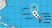  ?? HURRICANE CENTER NATIONAL ?? Tropical Storm Kate formed Monday in the central Atlantic Ocean from Tropical Depression Ten, though it’s expected to stay east of the U.S. mainland, forecaster­s said.