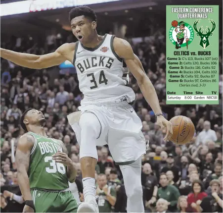  ?? AP PHOTO ?? NOT LOOKING UP: Marcus Smart reacts as the Bucks’ Giannis Antetokoun­mpo throws down a dunk during the Celtics’ 97-86 loss in last night’s Game 6 in Milwaukee.