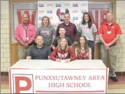  ?? Photo by Cody Powell/The Punxsutawn­ey Spirit ?? Punxsutawn­ey Lady Chucks track and field senior Kierstin Riley recently signed a declaratio­n of intent to Indiana University of Pennsylvan­ia for track and field upon graduation: (front row, from left) Gene Riley, Riley, Melissa Riley, (middle row) Jet Riley, (back row), PAHS co-principal Paul Hetrick, assistant coach Ann Koppenhave­r, head coach John Snyder, assistant coach Emily Waggoner and assistant athletic director Steve White.