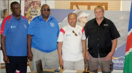  ?? -Photo: Maurice Kambukwe ?? Excited…Namibia Canoe and Rowing Federation chairperso­n of coaching and umpiring Nico Matheus, secretary general Theo Tjiueza, vice president Anton Jacobie and president Charles Rhoman during yesterday’s press conference.