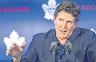  ?? CRAIG ROBERTSON/POSTMEDIA FILE ?? Toronto Maple Leafs head coach Mike Babcock speaks to the media last season.