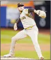  ?? ?? San Diego Padres starting pitcher Joe Musgrove (44) delivers against the New York Mets during the first inning of Game 3 of a National League wild-card baseball playoff series in New York. (AP)