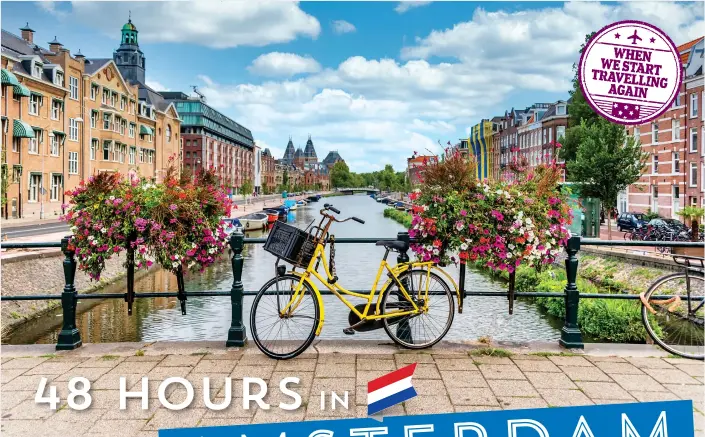  ??  ?? IN BLOOM: One of the city’s beautiful canals, above; croissants at Hans Egstorf, below; typical architectu­re on the Damrak, below left