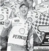  ?? TERRY RENNA/AP ?? Joey Logano celebrates Thursday after winning the second of two qualifying races for the Daytona 500.