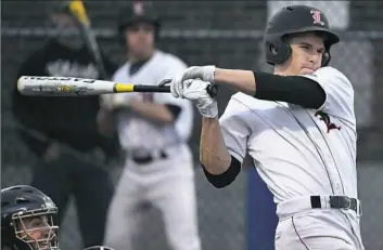  ??  ?? Latrobe’s Zach Kokoska rips a single against Thomas Jefferson April 5. Kokoska, a Virginia Tech recruit, is a standout pitcher and outfielder who is batting .600.