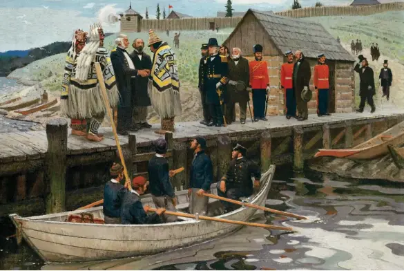  ??  ?? Governor Douglas leaves Fort Langley, 1858, by George Franklin Arbuckle, circa 1958. The painting depicts James Douglas, the new governor of the colony of British Columbia, greeting members of the Stó:lō Nation.