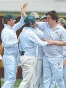  ?? Pictures: ALAN BARBER ?? GOT HIM: Little River's Trent Archer is bowled by Inverleigh's Murphy Walker, main, as players celebrate, inset.