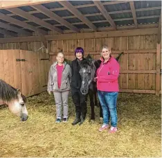  ?? Foto: Jutta Kaiser Wiatrek ?? Auf dem Krümelhof von Alexandra Schorer (rechts) haben Uschi und Karin Alt (links) einen Stall für das ehemalige Therapiepo­ny Enja gebaut.