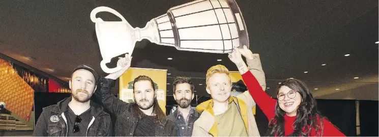  ?? GREG SOUTHAM ?? From left, entertaine­rs Keenan Kirk, Ryan Maier, Jay Sparrow, Martin Kerr and Celeigh Cardinal took part in the Grey Cup entertainm­ent announceme­nt on Wednesday.